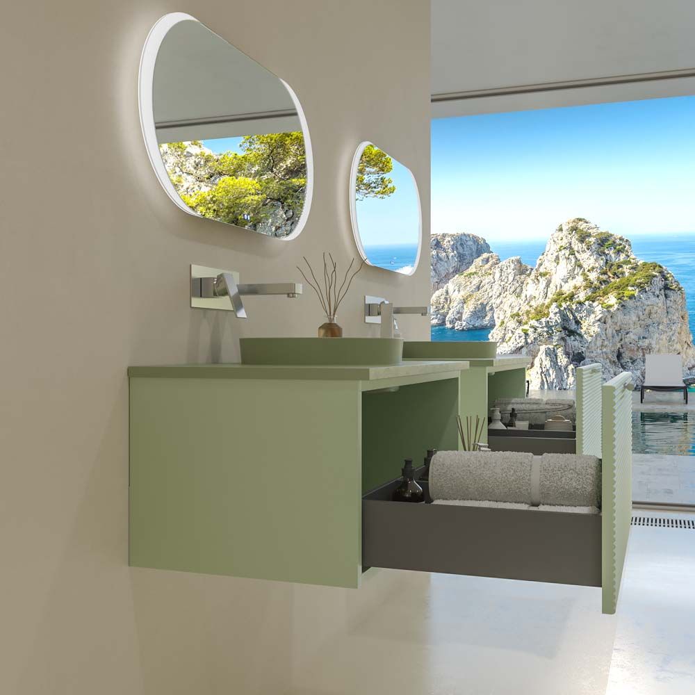 Mueble de baño HOLE suspendido 1 cajón acabado VERDE OPALO con encimera SOLID SURFACE lavabo semiencastrado VERDE PALIDO - Imagen 7