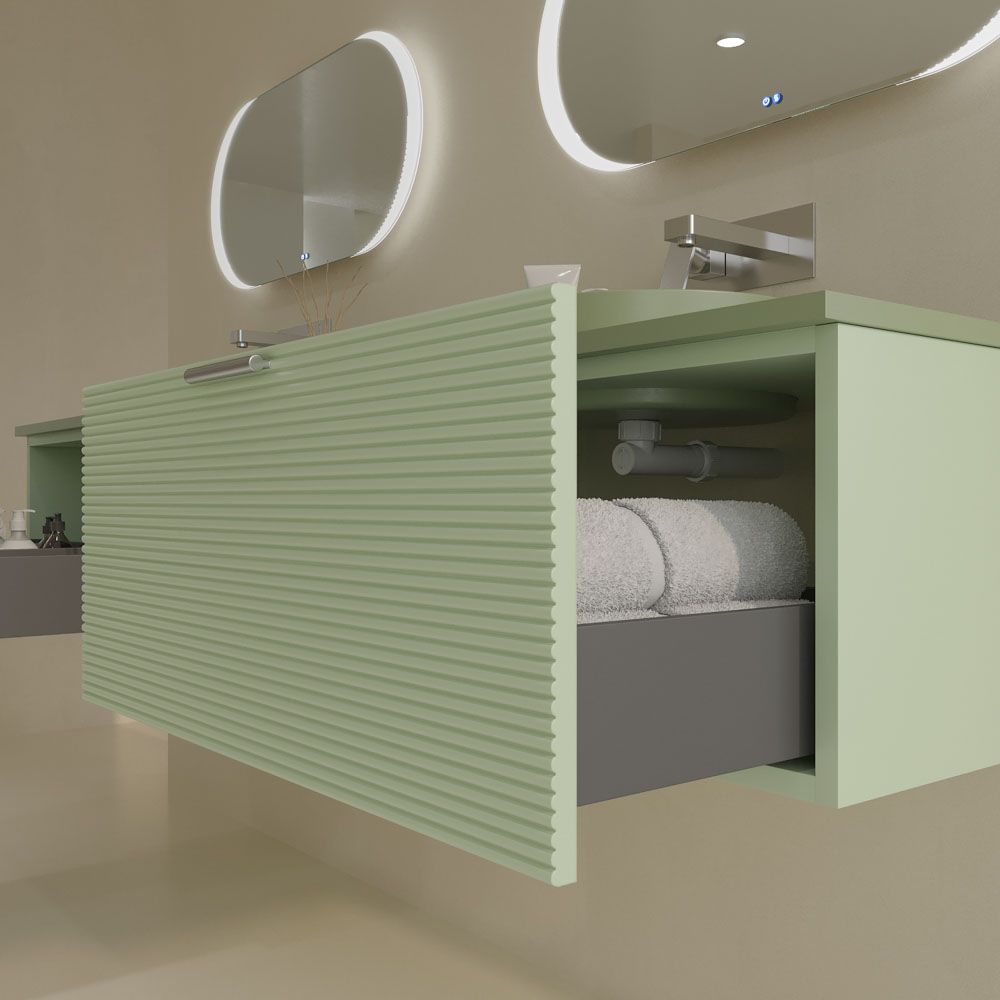 Mueble de baño HOLE suspendido 1 cajón acabado VERDE OPALO con encimera SOLID SURFACE lavabo semiencastrado VERDE PALIDO - Imagen 8