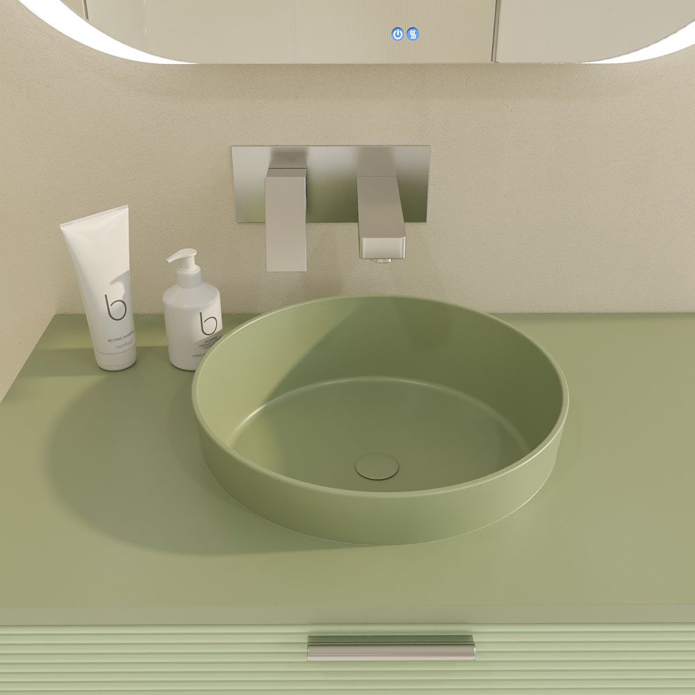 Mueble de baño HOLE suspendido 1 cajón acabado VERDE OPALO con encimera SOLID SURFACE lavabo semiencastrado VERDE PALIDO - Imagen 10