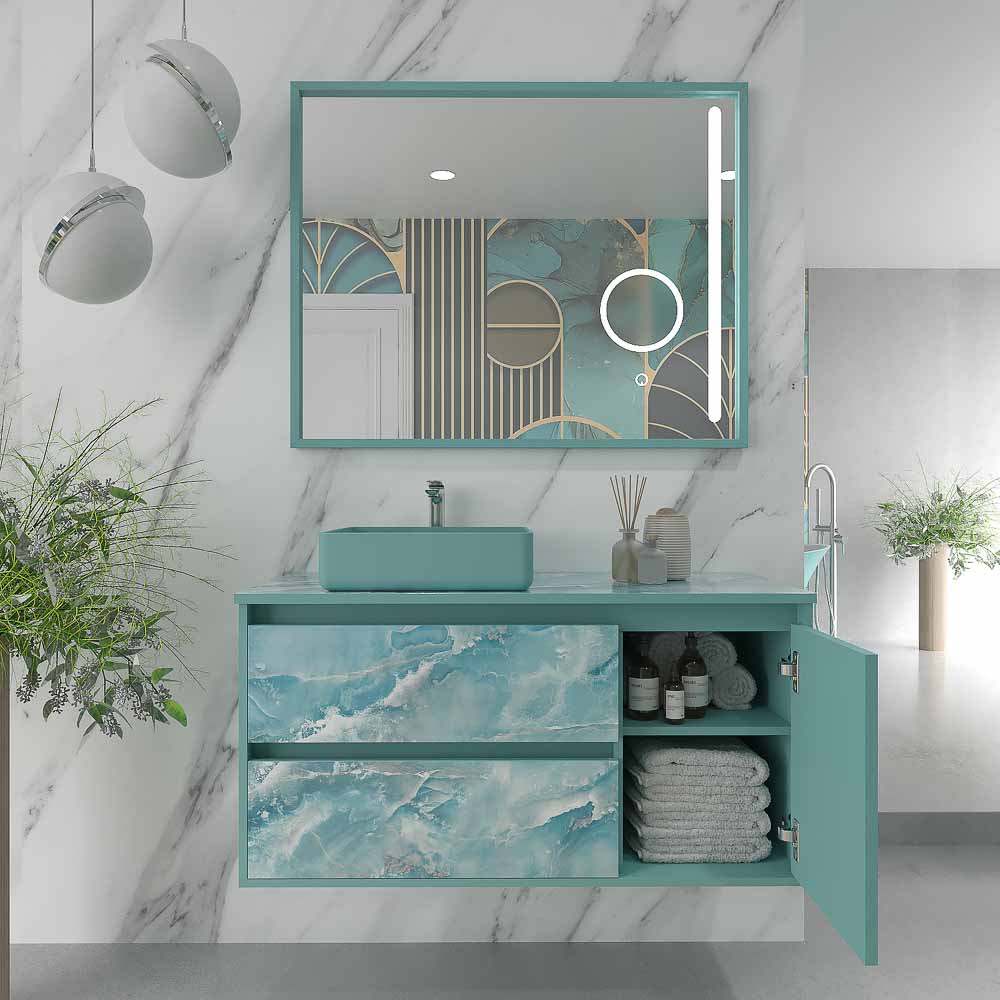 Mueble de baño suspendido 2 cajones/ 1 puerta UNICO efecto mármol con lavabo SATET Solid Surface - Imagen 5