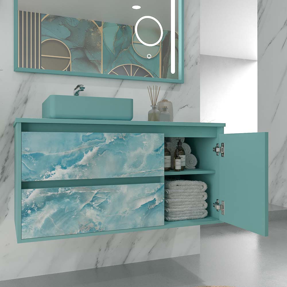 Mueble de baño suspendido 2 cajones/ 1 puerta UNICO efecto mármol con lavabo SATET Solid Surface - Imagen 4