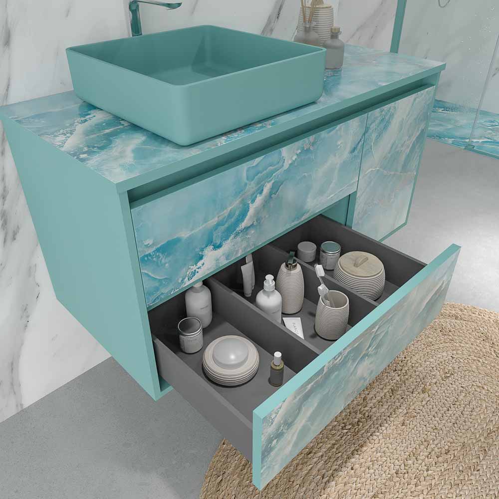 Mueble de baño suspendido 2 cajones/ 1 puerta UNICO efecto mármol con lavabo SATET Solid Surface - Imagen 3