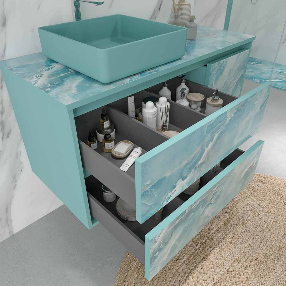 Mueble de baño suspendido 2 cajones/ 1 puerta UNICO efecto mármol con lavabo SATET Solid Surface - Imagen 2