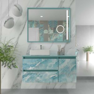 Mueble de baño suspendido 2 cajones/ 1 puerta UNICO efecto mármol con lavabo SATET Solid Surface