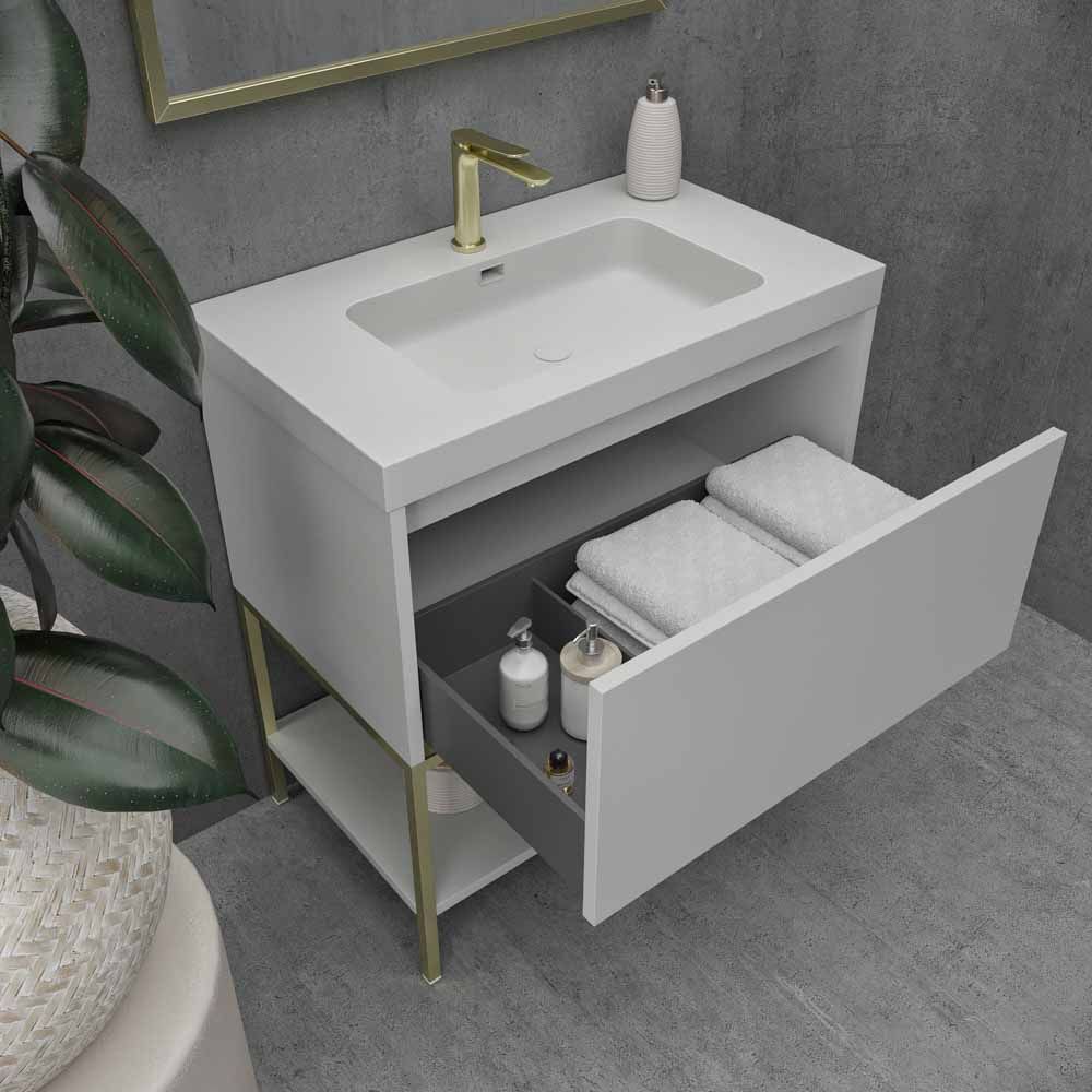 Mueble de baño ELEN con patas 1 cajón - 1 balda inferior GRIS PERLA / ORO MATE - Imagen 4