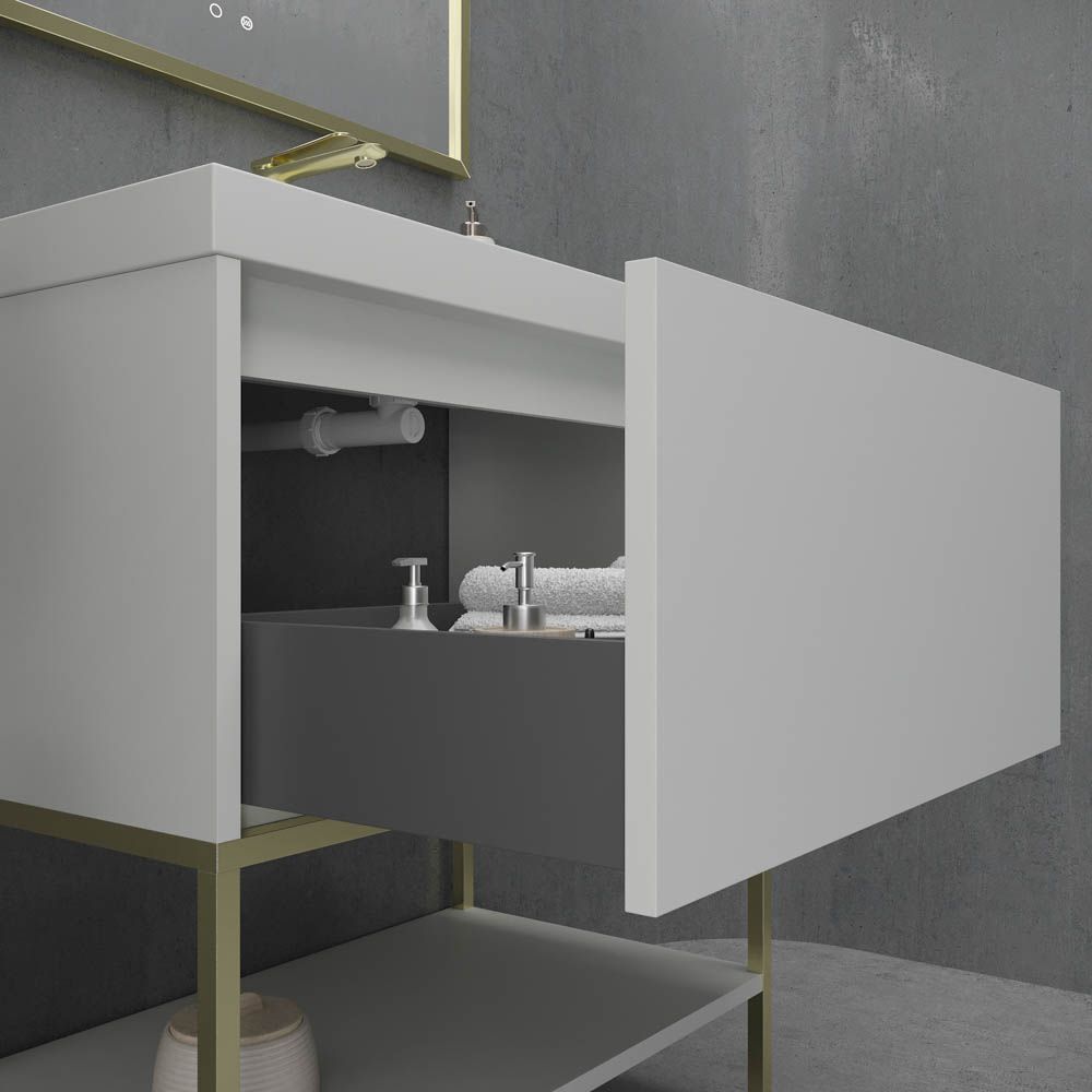 Mueble de baño ELEN con patas 1 cajón - 1 balda inferior GRIS PERLA / ORO MATE - Imagen 3