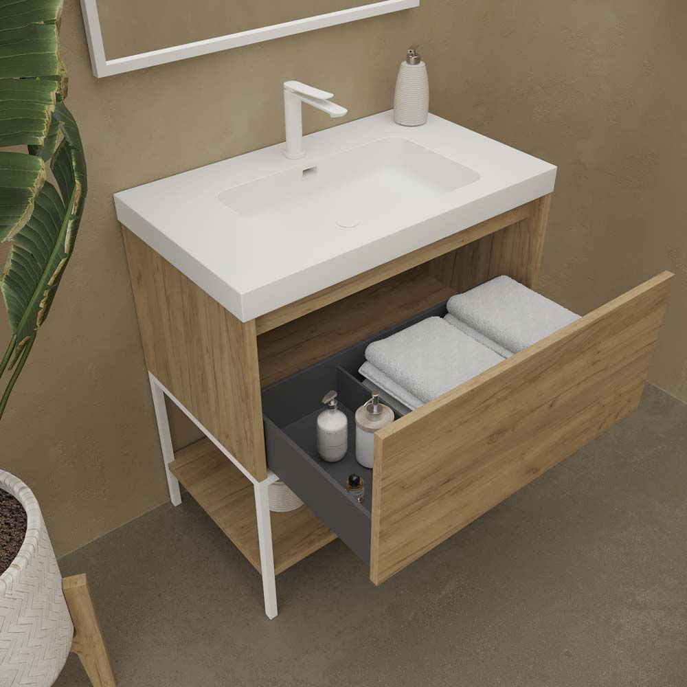 Mueble de baño ELEN con patas 1 cajón - 1 balda inferior ROBLE CLARO / BLANCO - Imagen 4