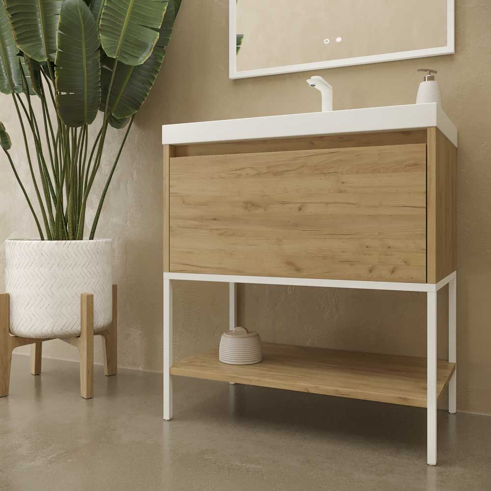 Mueble de baño ELEN con patas 1 cajón - 1 balda inferior ROBLE CLARO / BLANCO - Imagen 2