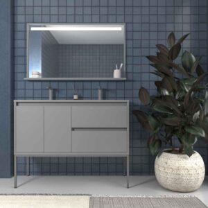 Mueble de baño con patas 2 cajones - 2 puertas SMILE con lavabo Solid Surface 2 senos GRIS PIEDRA