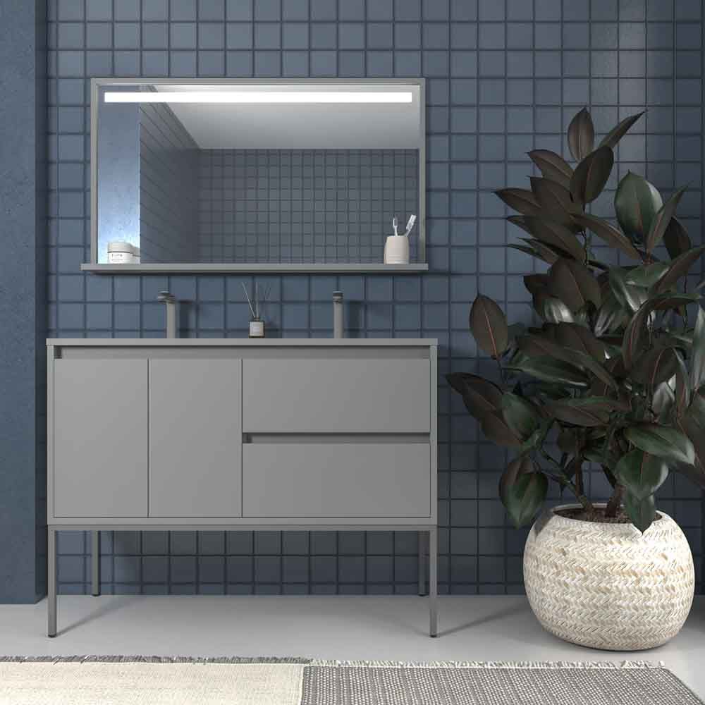 Mueble de baño con patas 2 cajones - 2 puertas SMILE con lavabo Solid Surface 2 senos GRIS PIEDRA