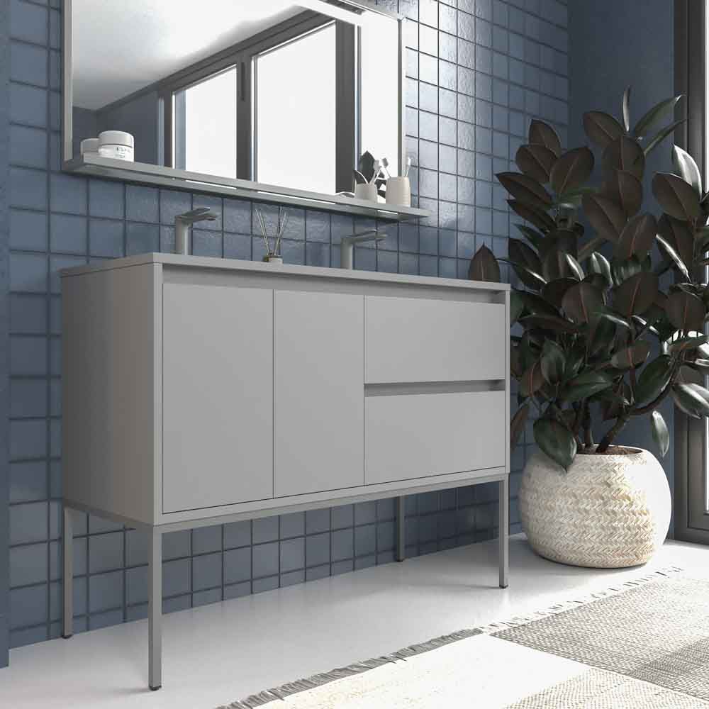 Mueble de baño con patas 2 cajones - 2 puertas SMILE con lavabo Solid Surface 2 senos GRIS PIEDRA - Imagen 6