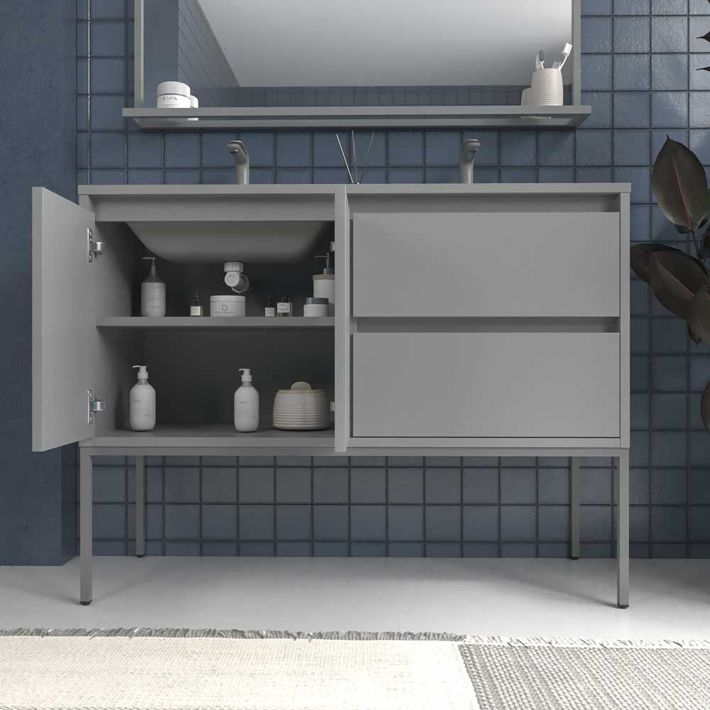Mueble de baño con patas 2 cajones - 2 puertas SMILE con lavabo Solid Surface 2 senos GRIS PIEDRA - Imagen 5