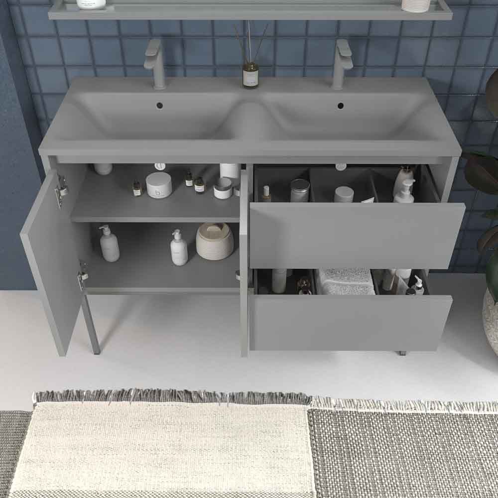Mueble de baño con patas 2 cajones - 2 puertas SMILE con lavabo Solid Surface 2 senos GRIS PIEDRA - Imagen 3