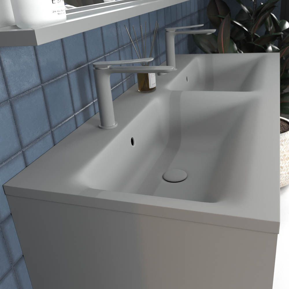 Mueble de baño con patas 2 cajones - 2 puertas SMILE con lavabo Solid Surface 2 senos GRIS PIEDRA - Imagen 2