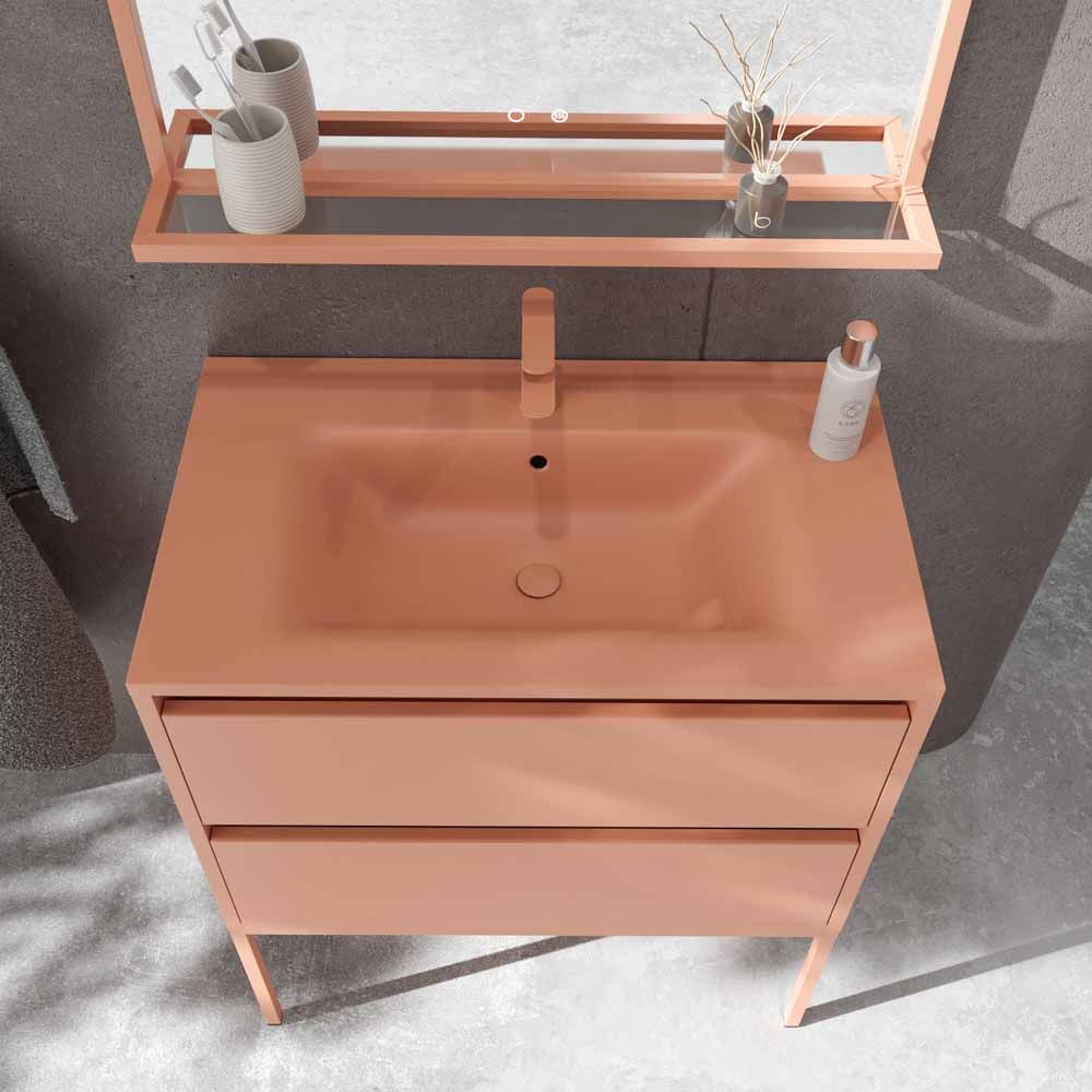 Mueble de baño con patas 2 cajones SMILE con lavabo Solid Surface ROJO BEIGE - Imagen 3
