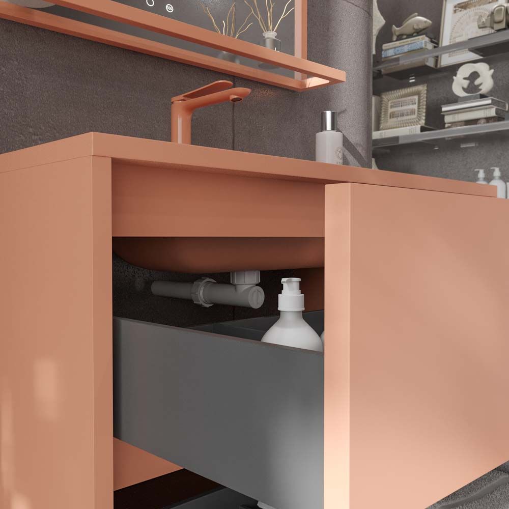 Mueble de baño con patas 2 cajones SMILE con lavabo Solid Surface ROJO BEIGE - Imagen 5