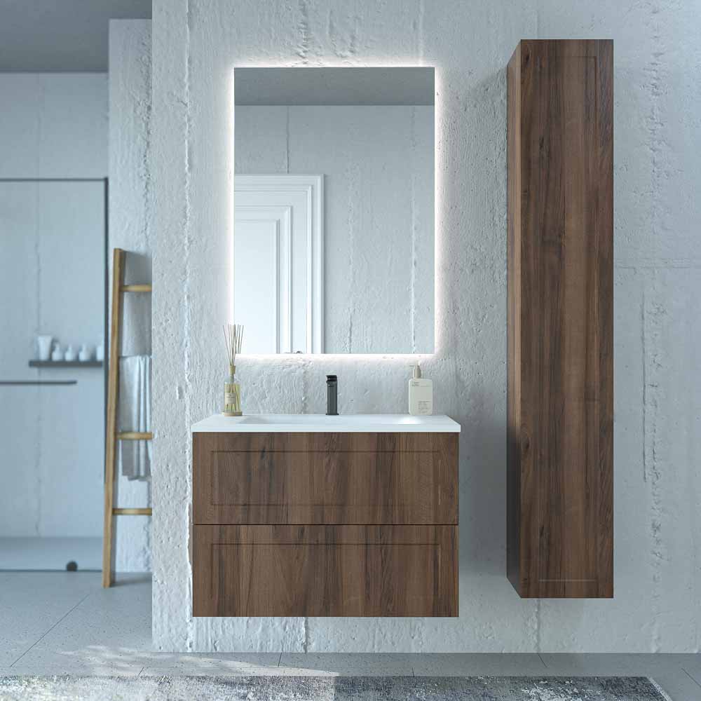 Mueble de baño suspendido 2 cajones BUDGET con lavabo Solid Surface CASTAÑO