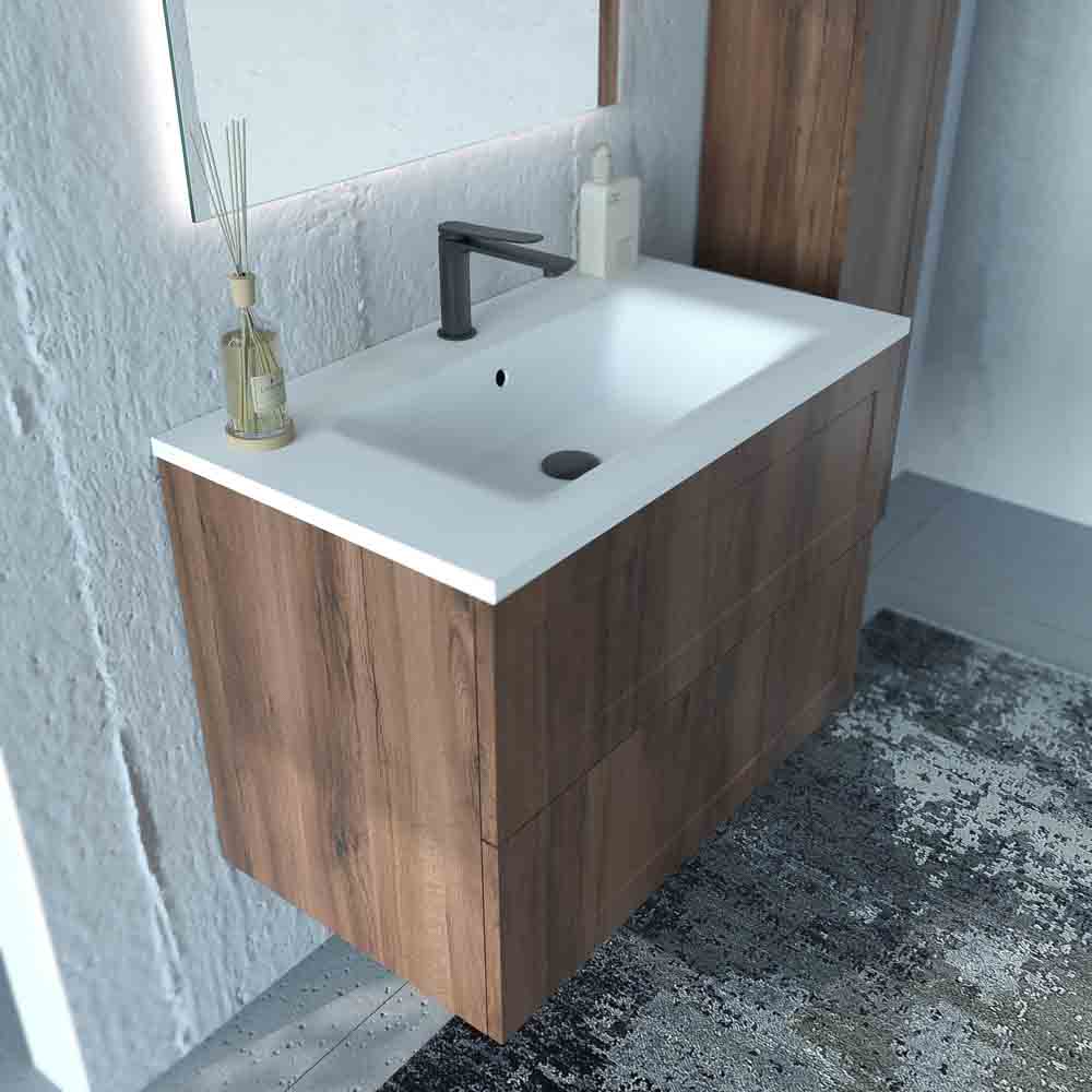 Mueble de baño suspendido 2 cajones BUDGET con lavabo Solid Surface CASTAÑO - Imagen 5