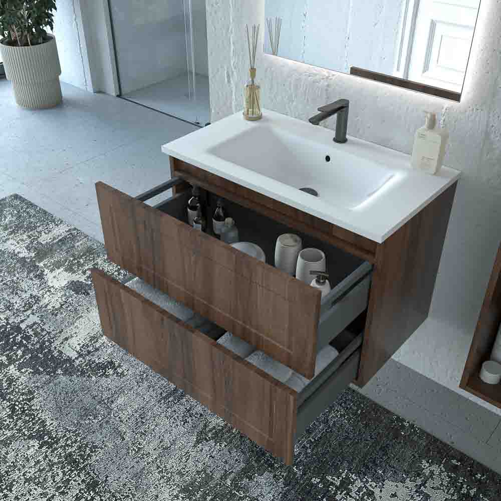 Mueble de baño suspendido 2 cajones BUDGET con lavabo Solid Surface CASTAÑO - Imagen 4