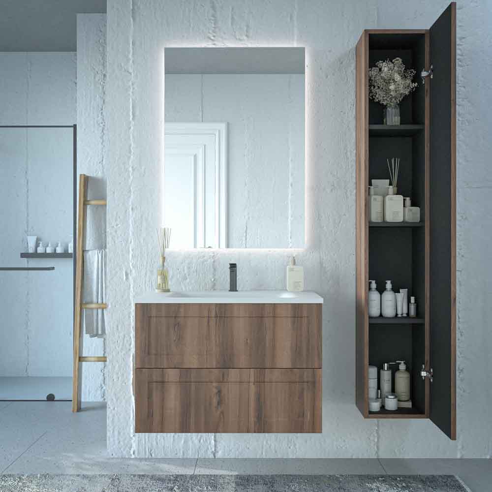 Mueble de baño suspendido 2 cajones BUDGET con lavabo Solid Surface CASTAÑO - Imagen 3