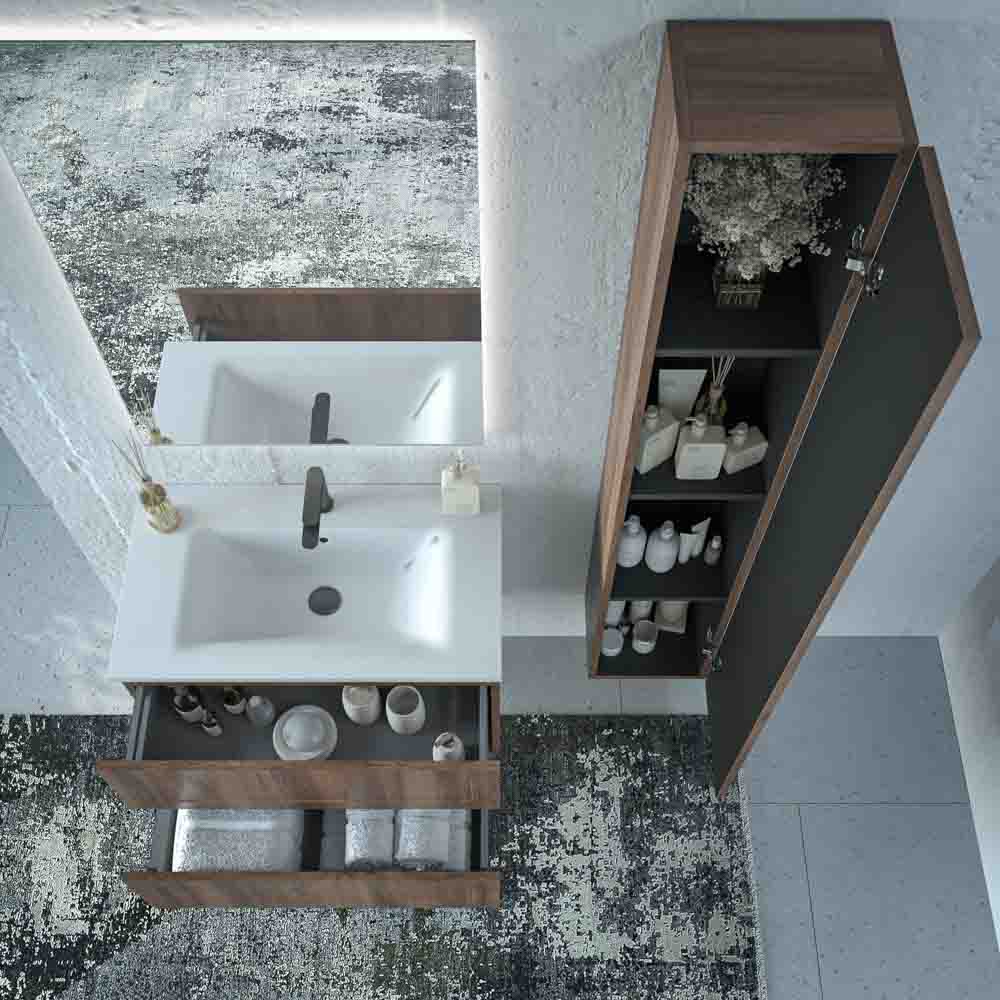 Mueble de baño suspendido 2 cajones BUDGET con lavabo Solid Surface CASTAÑO - Imagen 2