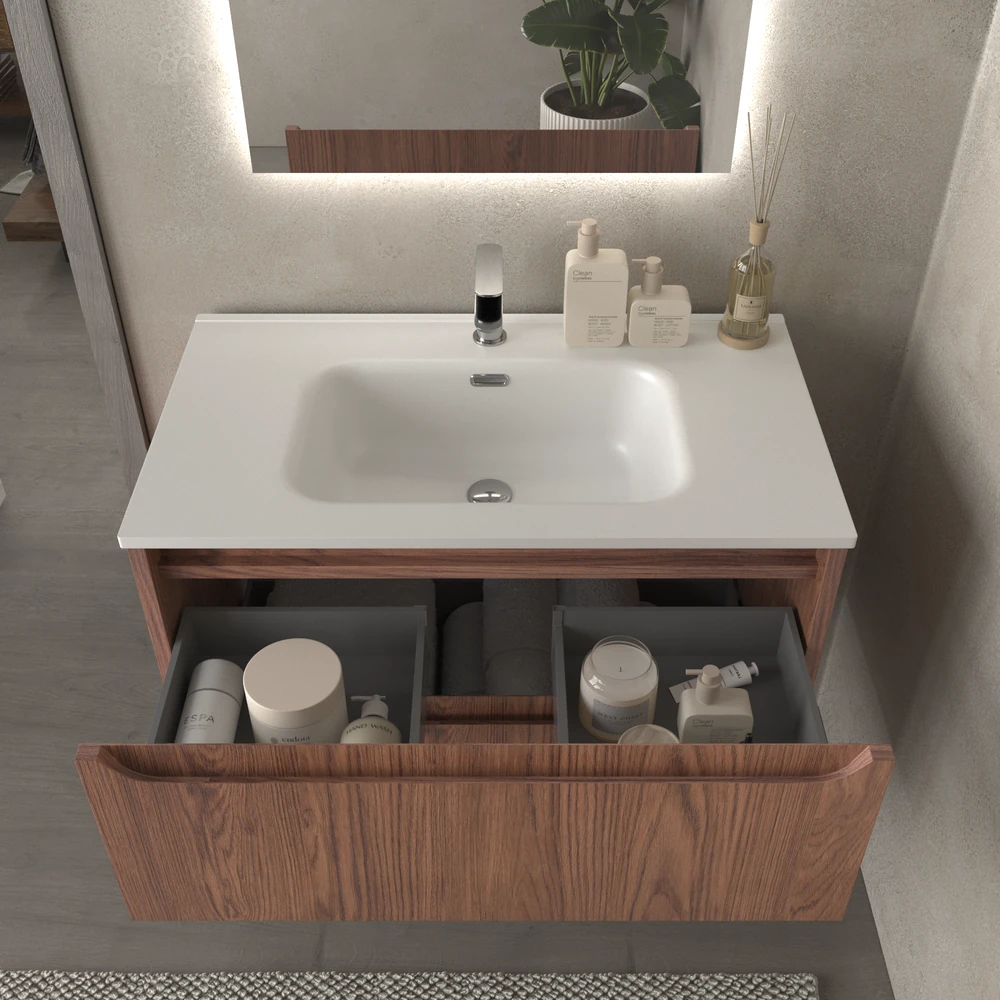 Mueble de baño suspendido 2 cajones TOSCANA con lavabo porcelana acabado ABEDUL - Imagen 4