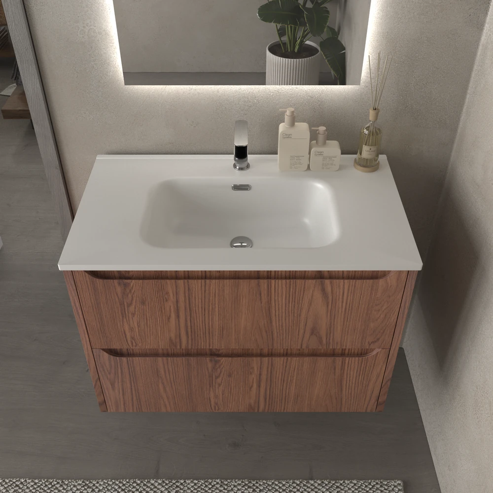 Mueble de baño suspendido 2 cajones TOSCANA con lavabo porcelana acabado ABEDUL - Imagen 3