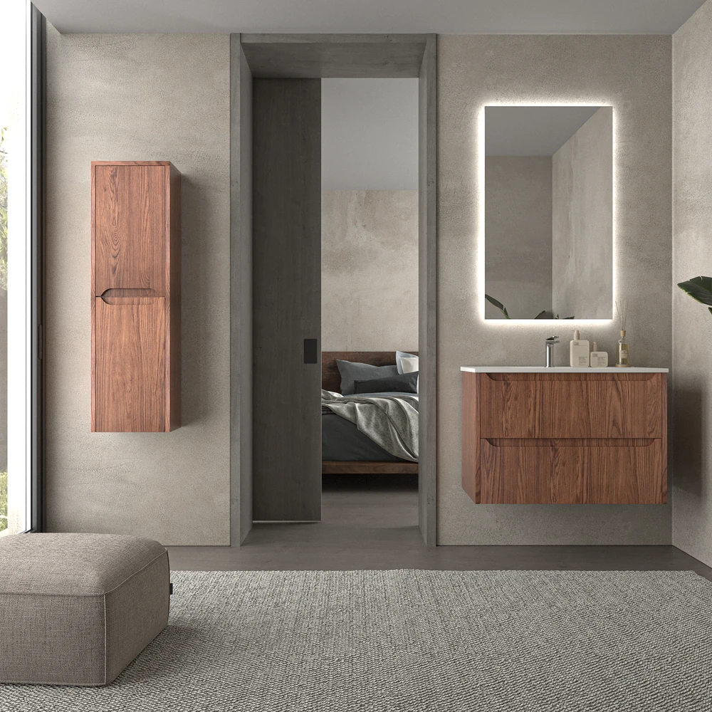 Mueble de baño suspendido 2 cajones TOSCANA con lavabo porcelana acabado ABEDUL - Imagen 7