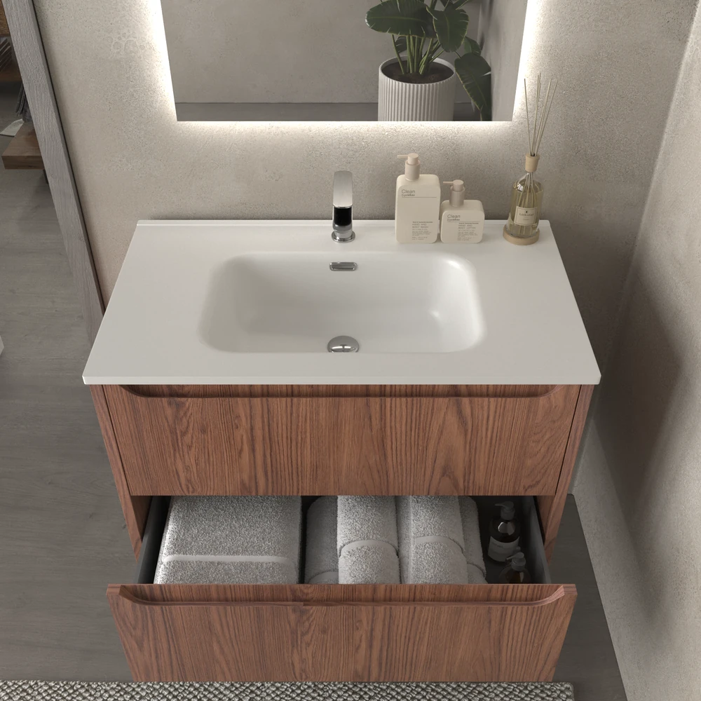 Mueble de baño suspendido 2 cajones TOSCANA con lavabo porcelana acabado ABEDUL - Imagen 5