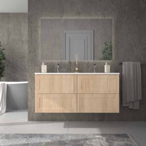 Mueble de baño suspendido 4 cajones BUDGET  con lavabo Solid Surface 2 senos ROBLE CLARO