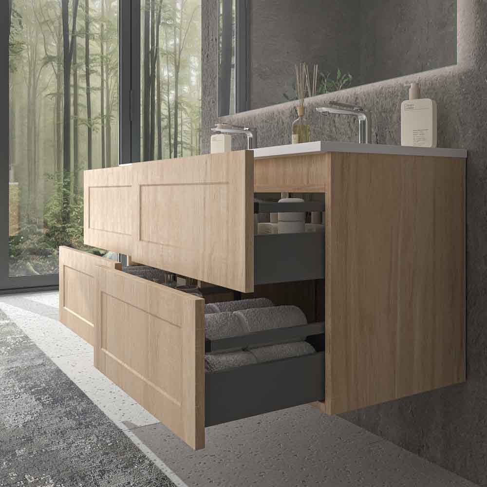 Mueble de baño suspendido 4 cajones BUDGET con lavabo Solid Surface 2 senos ROBLE CLARO - Imagen 4