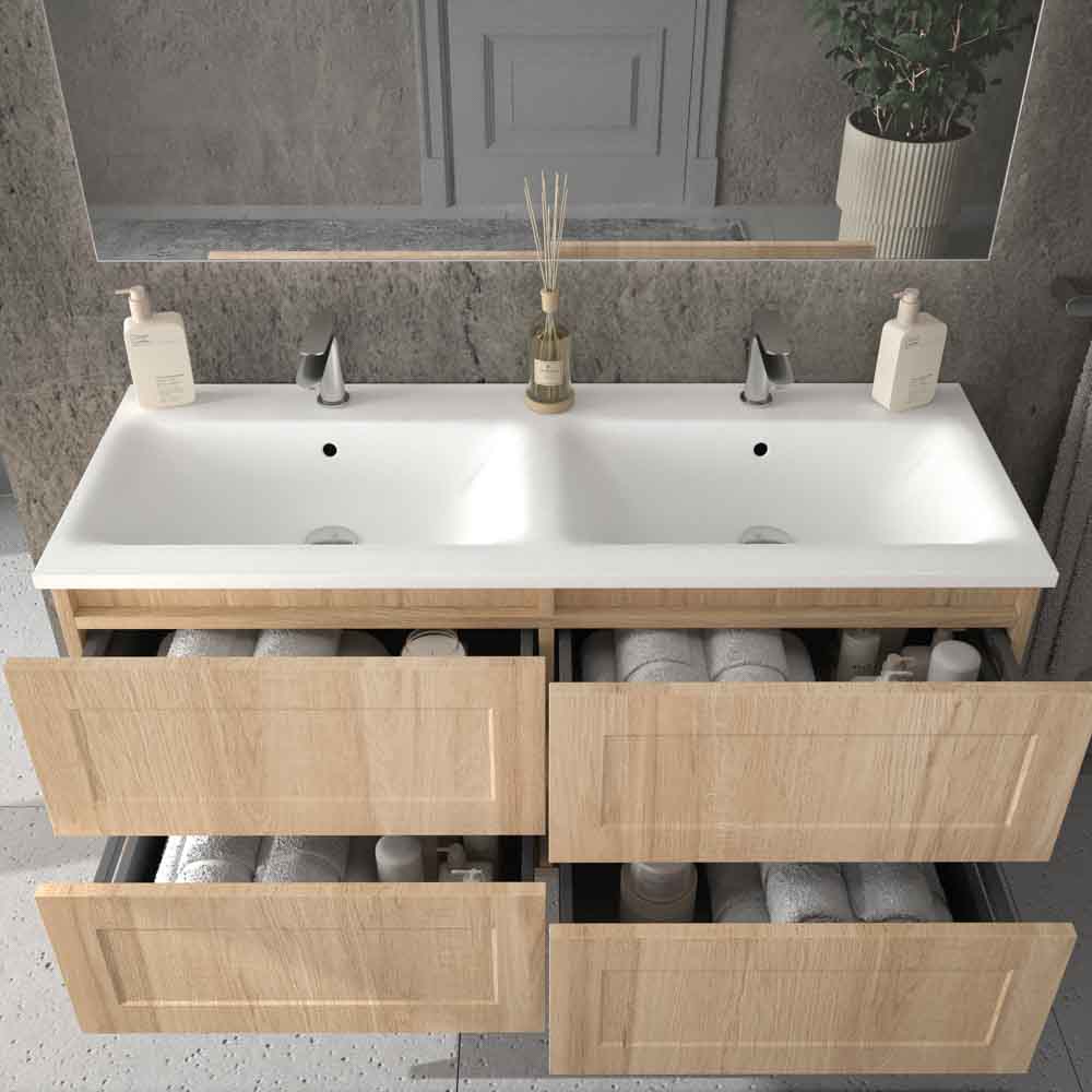 Mueble de baño suspendido 4 cajones BUDGET con lavabo Solid Surface 2 senos ROBLE CLARO - Imagen 3