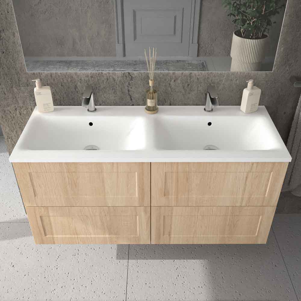 Mueble de baño suspendido 4 cajones BUDGET con lavabo Solid Surface 2 senos ROBLE CLARO - Imagen 2