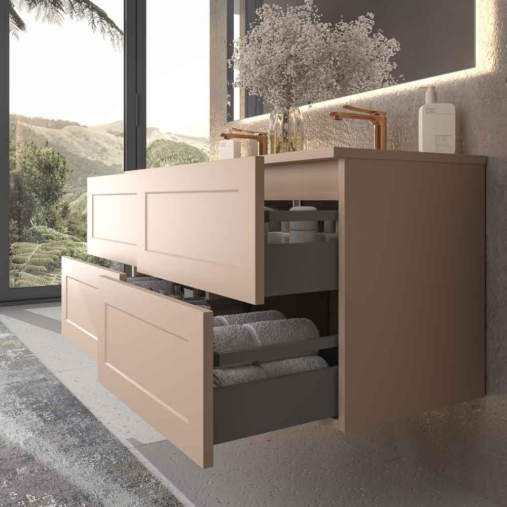 Mueble de baño suspendido 4 cajones BUDGET con lavabo Solid Surface 2 senos MOKA - Imagen 2