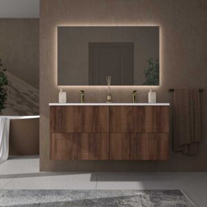 Mueble de baño suspendido 4 cajones BUDGET  con lavabo Solid Surface 2 senos CASTAÑO