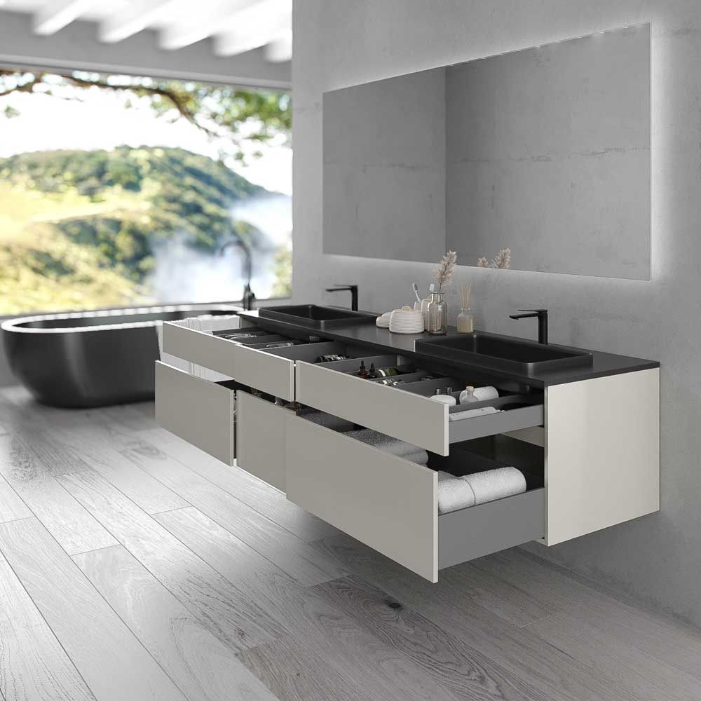 Mueble de baño suspendido DUNE 6 cajones con encimera SOLID SURFACE 2 senos GRIS PERLADO - Imagen 8