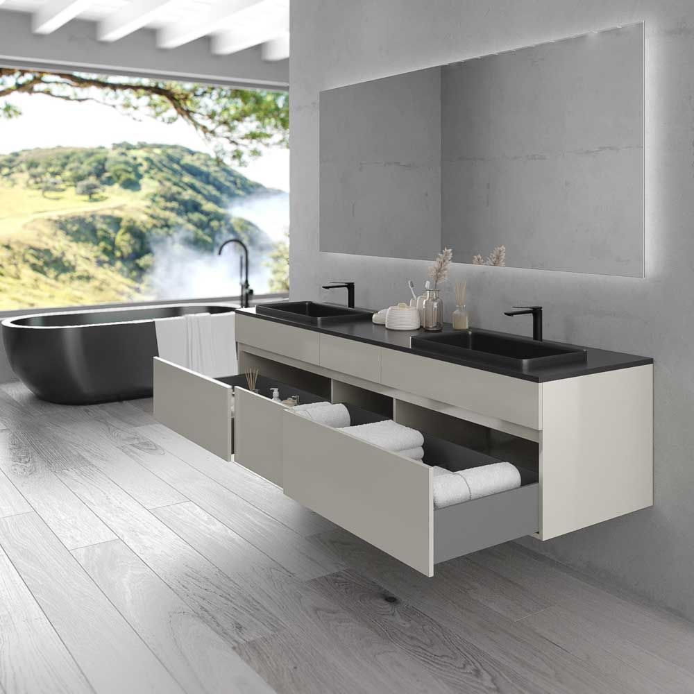 Mueble de baño suspendido DUNE 6 cajones con encimera SOLID SURFACE 2 senos GRIS PERLADO - Imagen 3