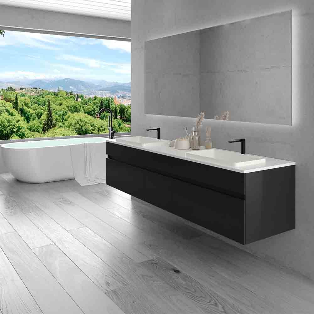 Mueble de baño suspendido DUNE 6 cajones con encimera SOLID SURFACE 2 senos NEGRO - Imagen 2