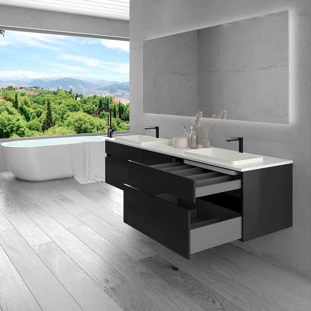 Mueble de baño suspendido DUNE 6 cajones con encimera SOLID SURFACE 2 senos NEGRO - Imagen 6
