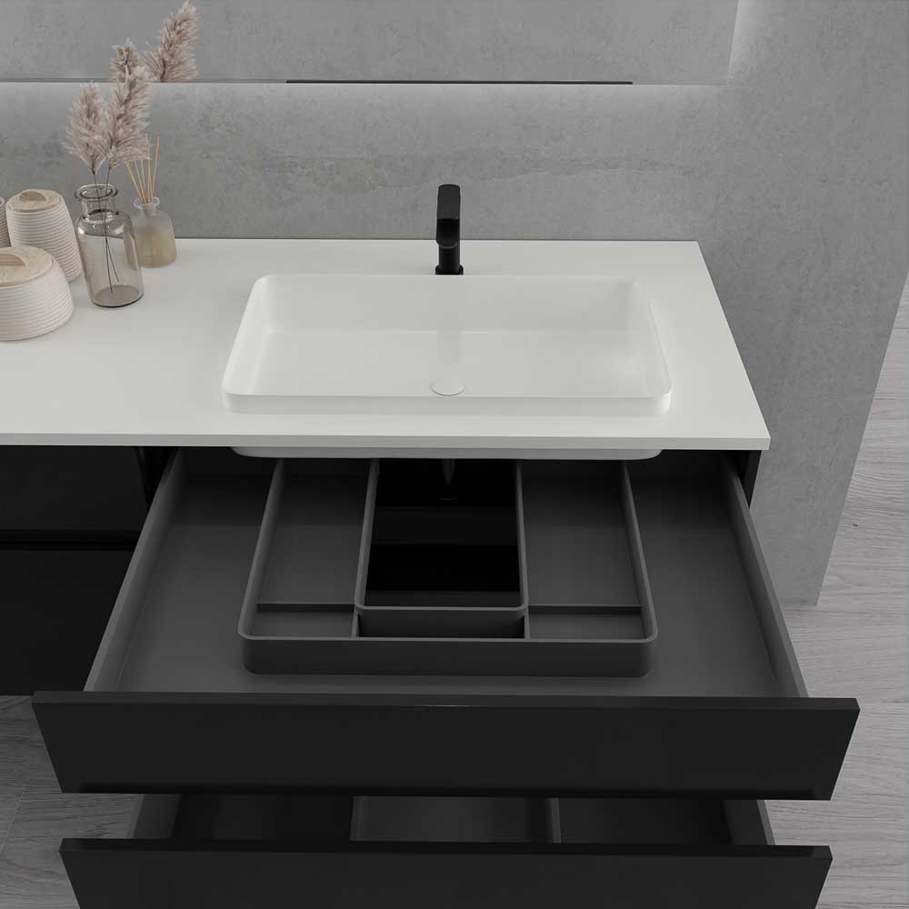 Mueble de baño suspendido DUNE 6 cajones con encimera SOLID SURFACE 2 senos NEGRO - Imagen 5