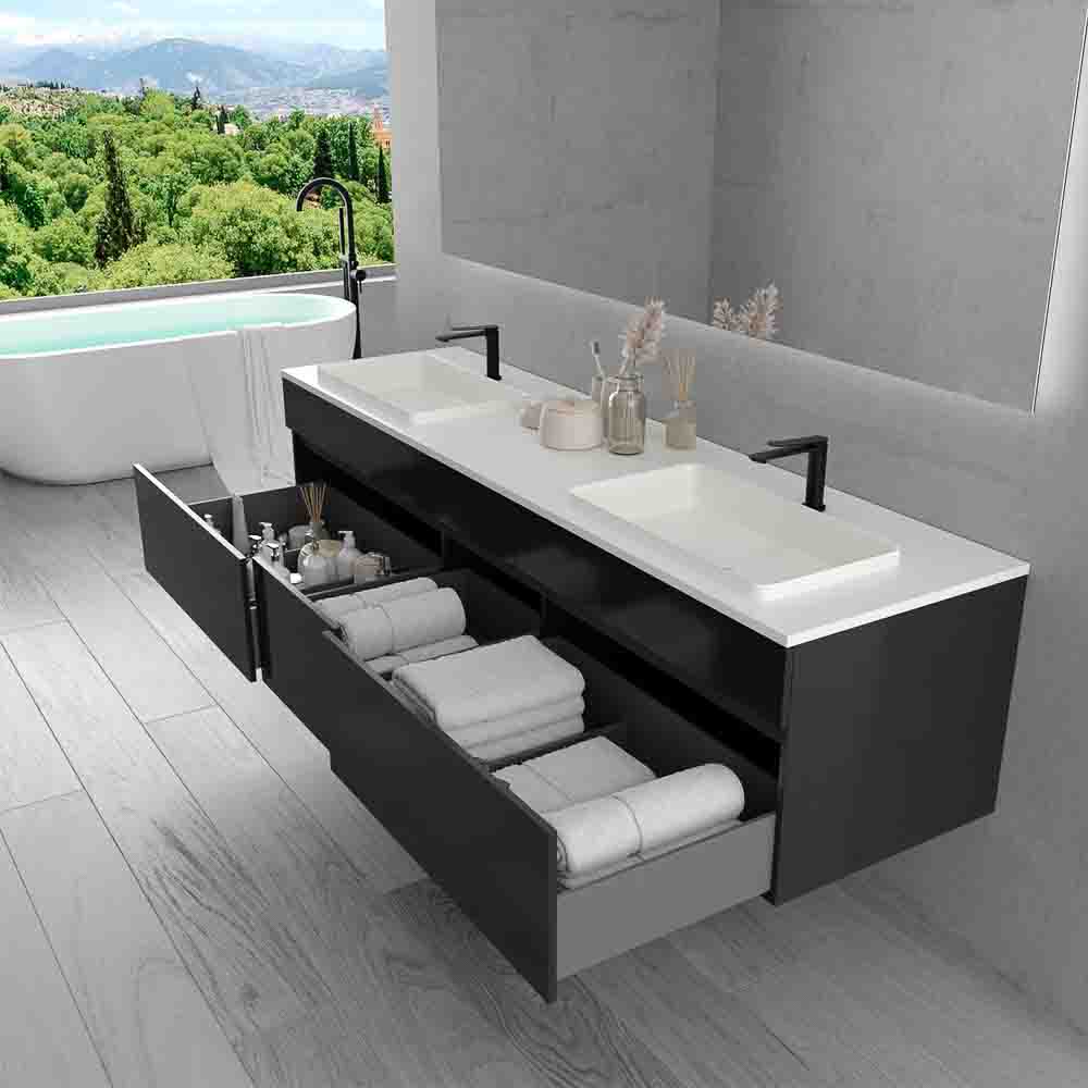 Mueble de baño suspendido DUNE 6 cajones con encimera SOLID SURFACE 2 senos NEGRO - Imagen 4