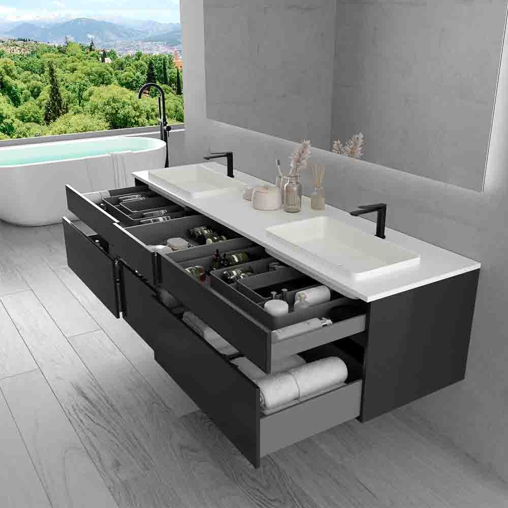 Mueble de baño suspendido DUNE 6 cajones con encimera SOLID SURFACE 2 senos NEGRO - Imagen 3