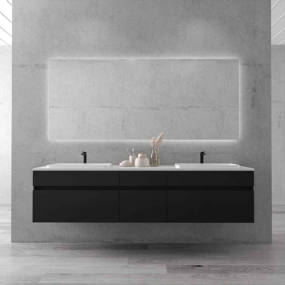 Mueble de baño suspendido DUNE 6 cajones con encimera SOLID SURFACE 2 senos NEGRO