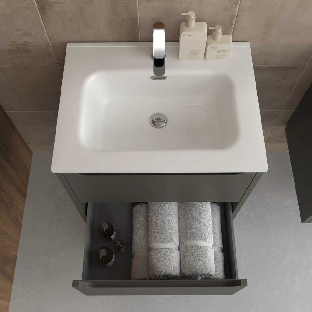 Mueble de baño suspendido 2 cajones TOSCANA con lavabo porcelana acabado TOPO - Imagen 3