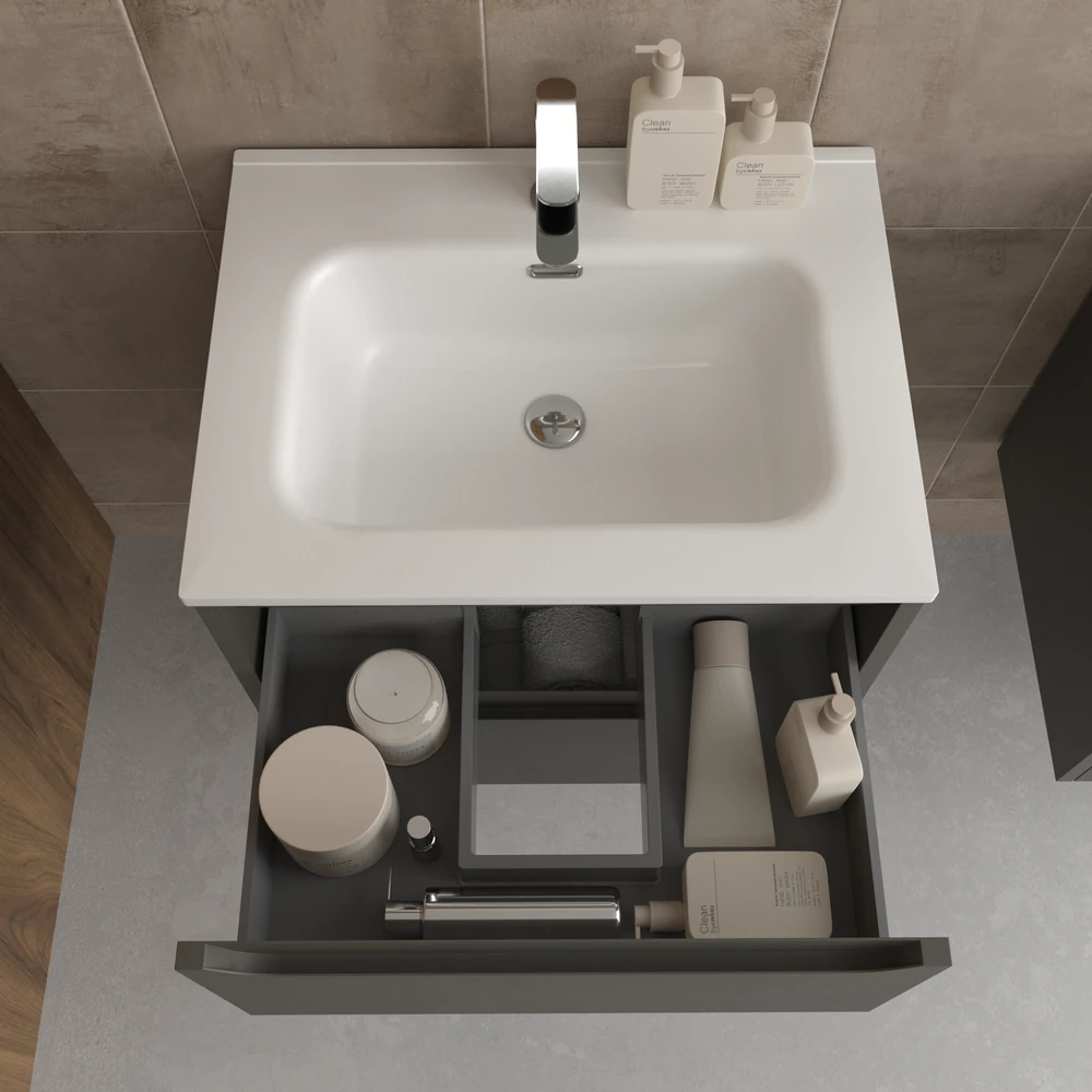 Mueble de baño suspendido 2 cajones TOSCANA con lavabo porcelana acabado TOPO - Imagen 4