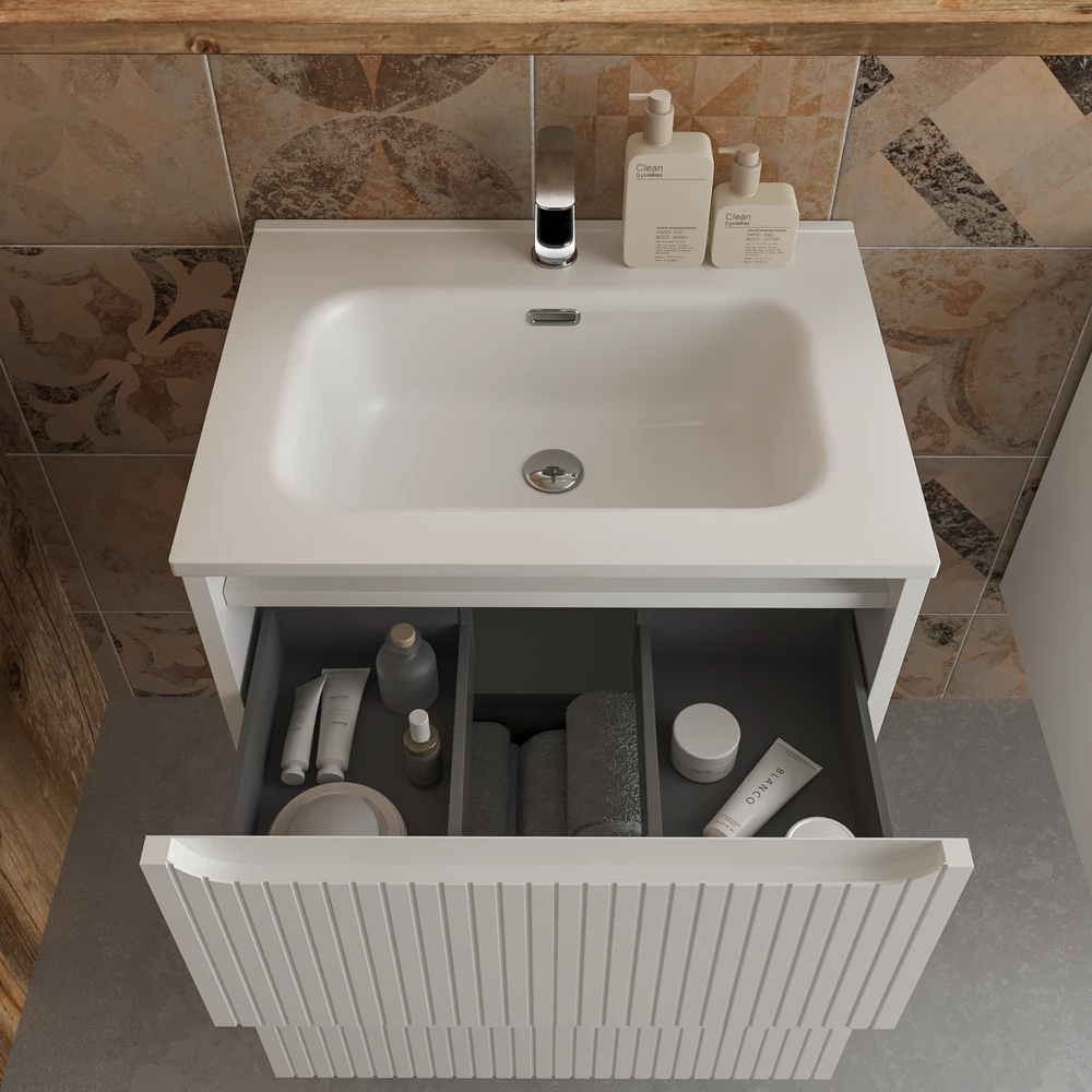 Mueble de baño suspendido 2 cajones TOSCANA con lavabo porcelana acabado squadratto BLANCO - Imagen 4