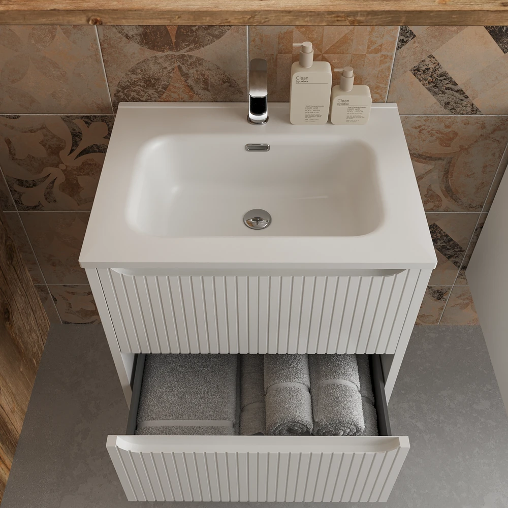 Mueble de baño suspendido 2 cajones TOSCANA con lavabo porcelana acabado squadratto BLANCO - Imagen 3