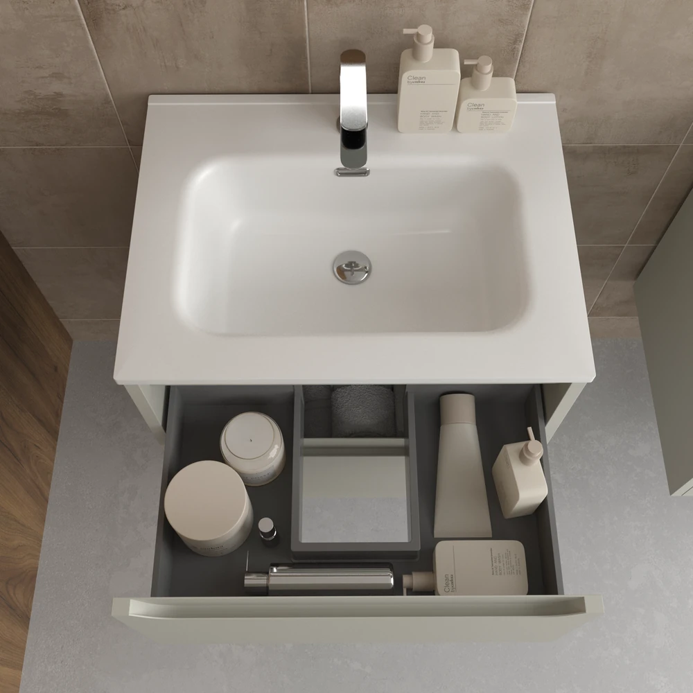 Mueble de baño suspendido 2 cajones TOSCANA con lavabo porcelana acabado GRIS SEDA - Imagen 4