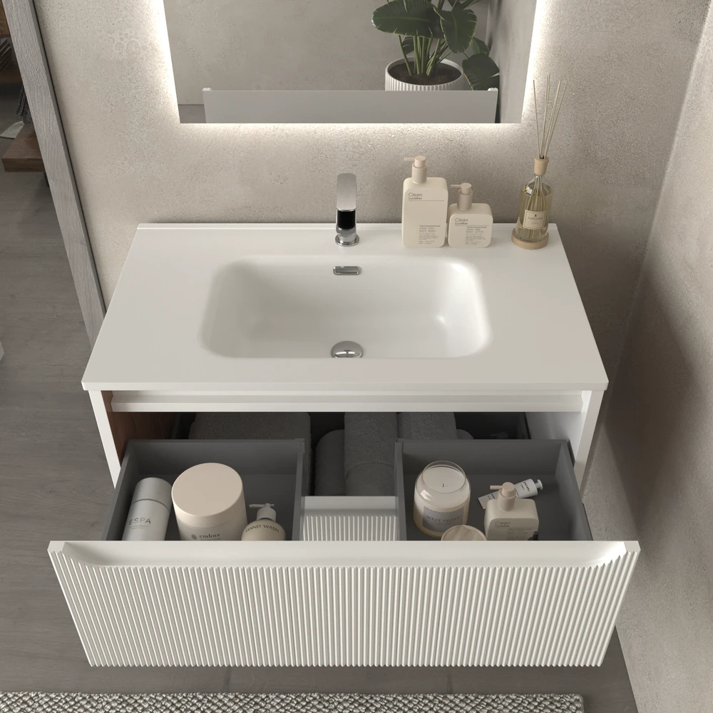 Mueble de baño suspendido 2 cajones TOSCANA con lavabo porcelana acabado millerigue BLANCO - Imagen 3
