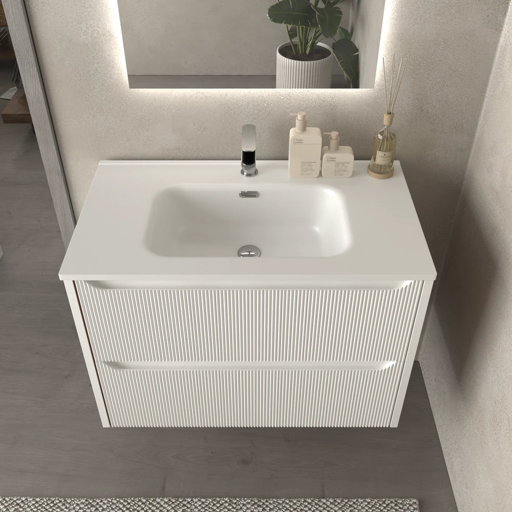Mueble de baño suspendido 2 cajones TOSCANA con lavabo porcelana acabado millerigue BLANCO - Imagen 2